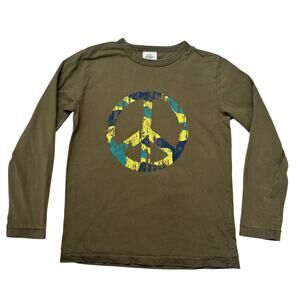 MINI BODEN Peace Sign Graphic Long Sleeve Tee Size 9-10 Kids Boys Green Blue